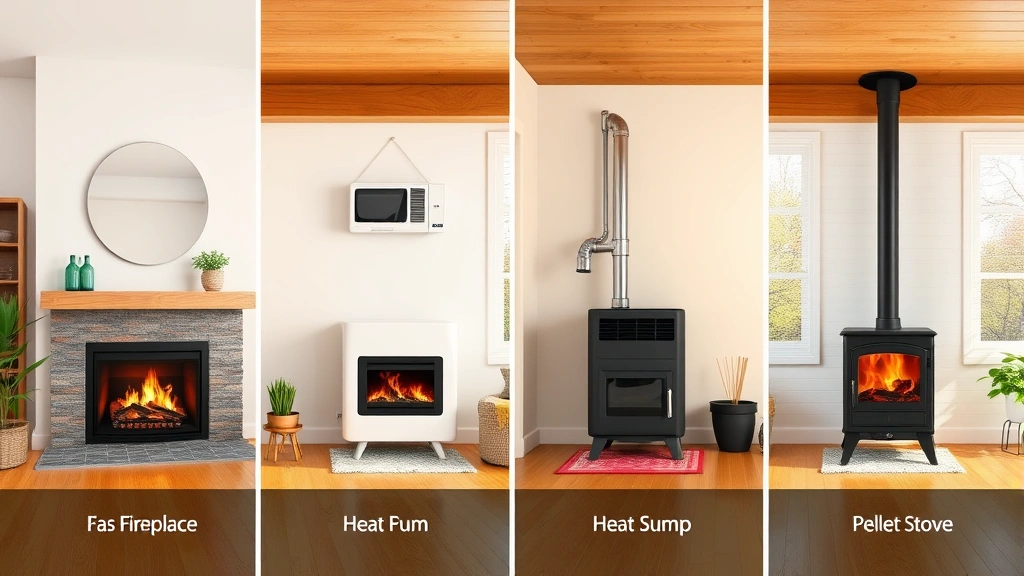 Side-by-side comparison visualization showing different heating systems: gas fireplace, electric fireplace, heat pump, and pellet stove in separate clean home spaces, photorealistic quality