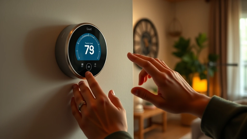 Hands adjusting smart thermostat on wall in eco-conscious home, energy-efficient living room with natural materials, warm ambient lighting, no labels or text on screen