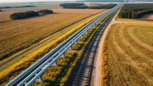 Aerial view of natural gas pipeline infrastructure running through rural landscape with grassland and trees, showing industrial energy infrastructure from above, realistic photography