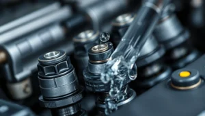 Close-up of fuel injectors being cleaned, showing water droplets and cleansing action, automotive maintenance setting, professional quality, sustainable energy efficiency concept