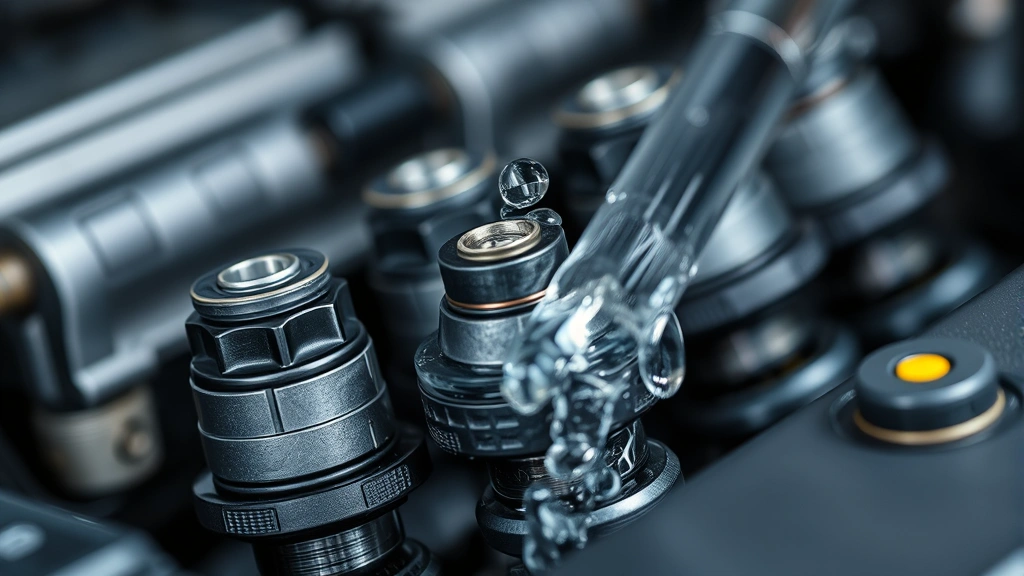 Close-up of fuel injectors being cleaned, showing water droplets and cleansing action, automotive maintenance setting, professional quality, sustainable energy efficiency concept
