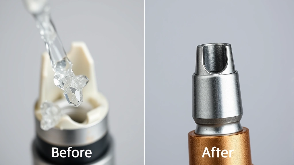 Close-up of fuel injector being cleaned with crystalline deposits dissolving, showing before and after comparison with clean metallic injector tip against neutral background