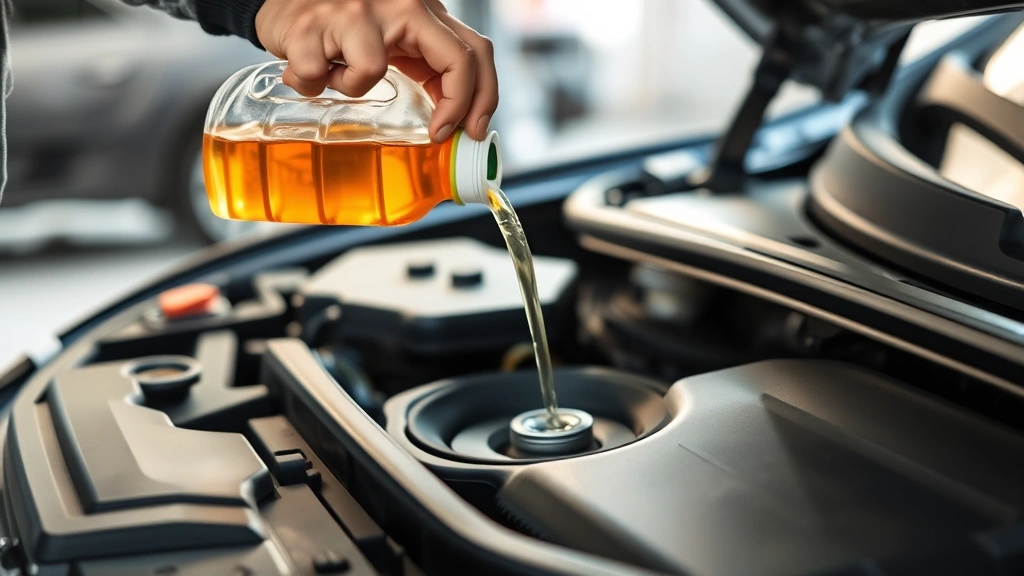 Mechanic's hands pouring clear amber fuel additive into modern car engine fuel tank opening, natural workshop lighting, showing careful maintenance practice without visible product branding