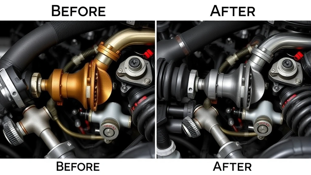 Before and after comparison of fuel system components, highlighting carbon deposit removal and engine cleanliness improvements, detailed automotive photography