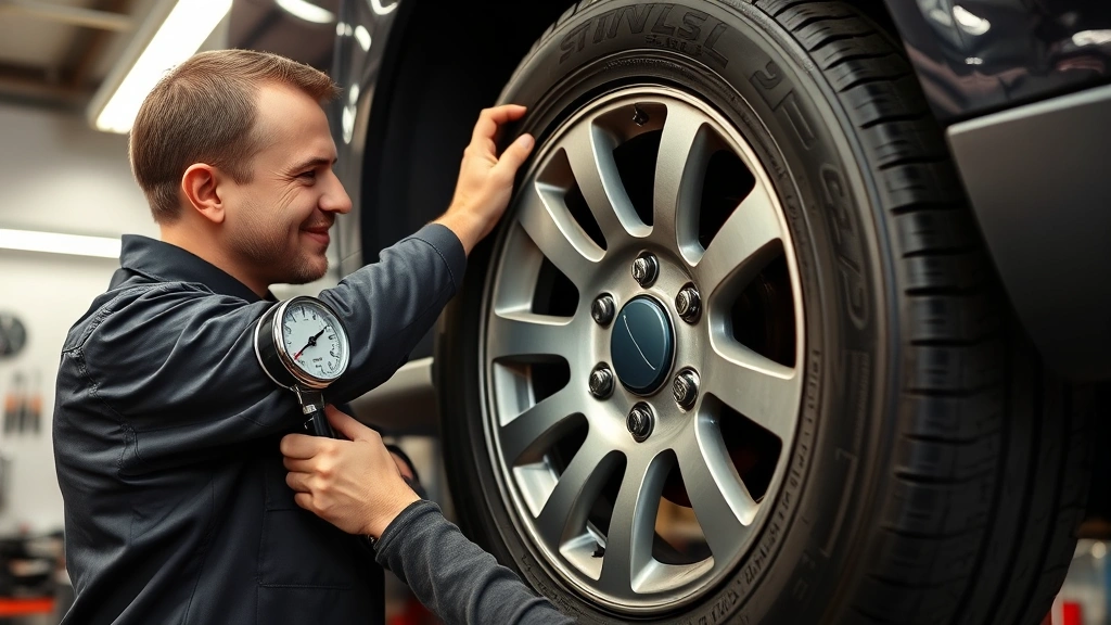 Mechanic checking tire pressure gauge on vehicle wheel, demonstrating proper maintenance for fuel efficiency, professional workshop lighting with tools visible