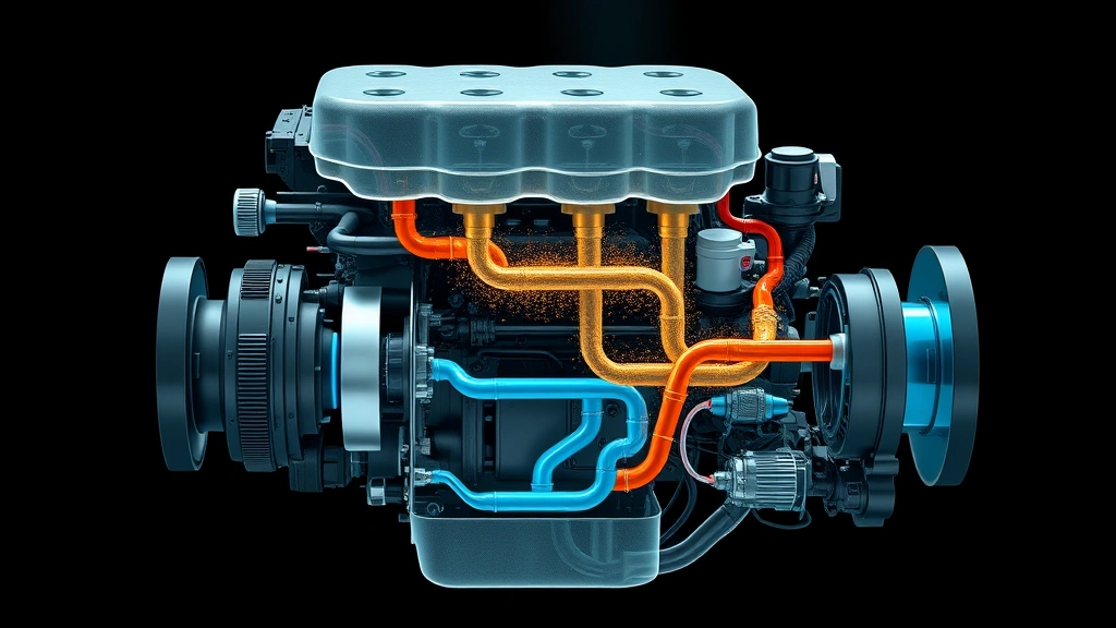 Cutaway diagram visualization of fuel system showing carbon deposits dissolving into clean pathways, photorealistic engine components, educational technical illustration without text overlay or labels