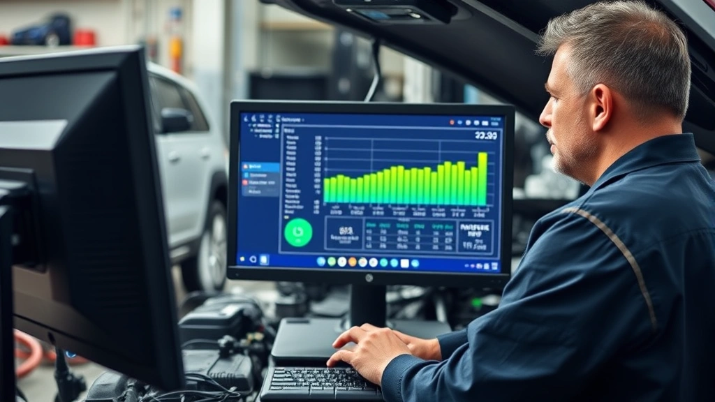 Mechanic analyzing vehicle fuel system performance data on diagnostic computer screen, eco-conscious automotive maintenance environment, technical precision