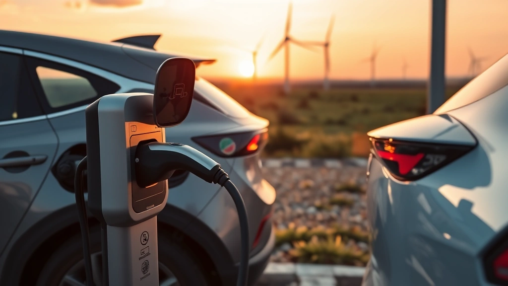 Electric vehicle charging at sustainable green energy station at sunset, showing charging cable connected to modern EV with environmental backdrop of wind turbines in distance
