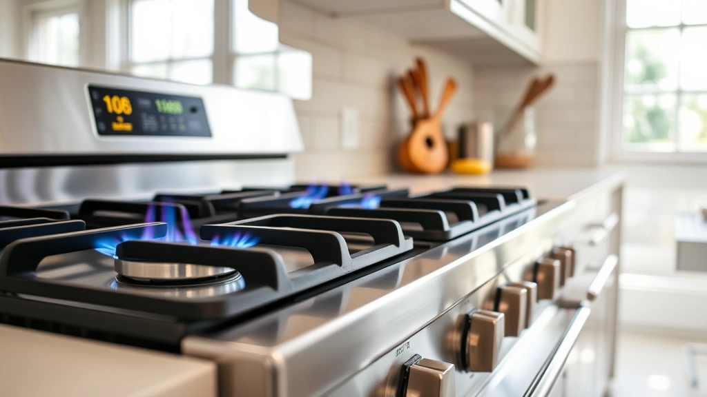 Modern stainless steel gas range with burners lit, showing blue flames in a bright kitchen with natural light streaming through windows, no people visible