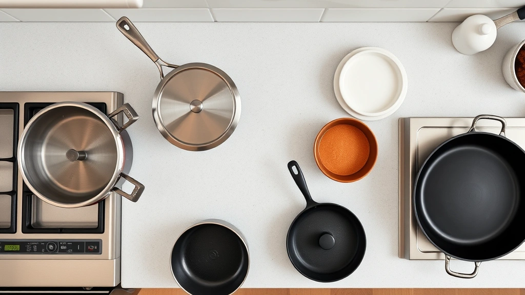 Overhead view of diverse cookware—stainless steel pots, cast iron skillet, ceramic dishes—arranged on kitchen counter near gas range, minimalist composition