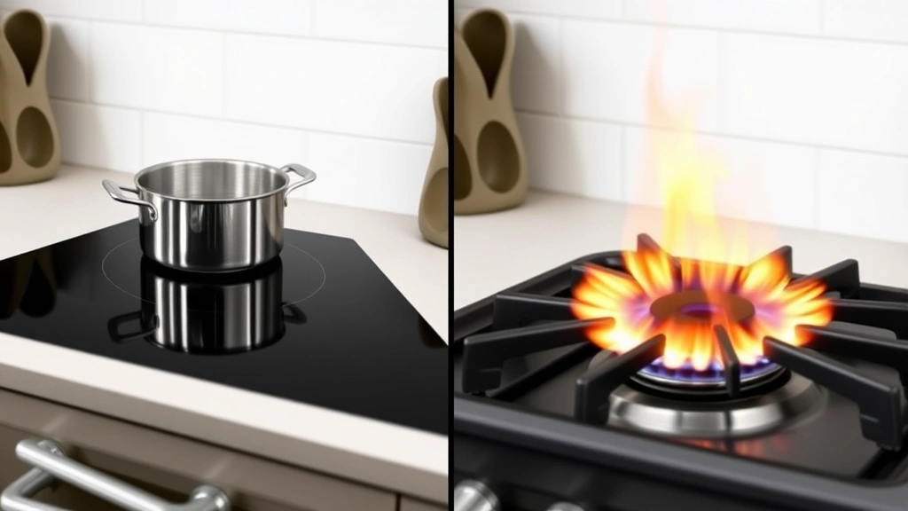 Split-screen comparison: left side shows induction cooktop with pot, right side shows gas range burner with flame, neutral kitchen background, clean aesthetic