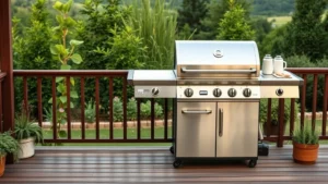 Modern stainless steel gas grill on wooden patio deck with green garden plants and natural landscape background, professional outdoor cooking setup