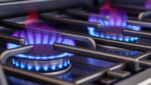 Close-up of modern stainless steel gas grill burners igniting with clean blue flames, showing efficient combustion and heat distribution