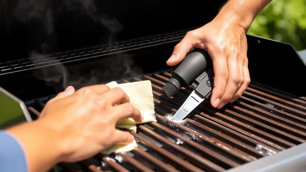 Hands cleaning grill grates and burners with maintenance tools, showing proper grill maintenance and care procedures in natural sunlight