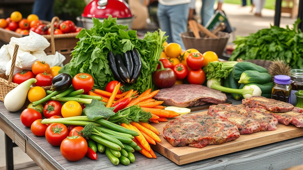 Colorful fresh vegetables and sustainable meat ingredients arranged on outdoor grilling table with farmers market produce and natural wood elements