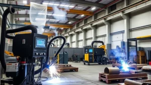 Modern welding workshop with advanced inverter-based MIG welding equipment and integrated fume extraction systems in operation, showing clean industrial environment with metal workpieces