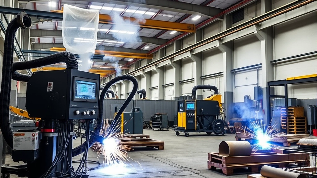 Modern welding workshop with advanced inverter-based MIG welding equipment and integrated fume extraction systems in operation, showing clean industrial environment with metal workpieces