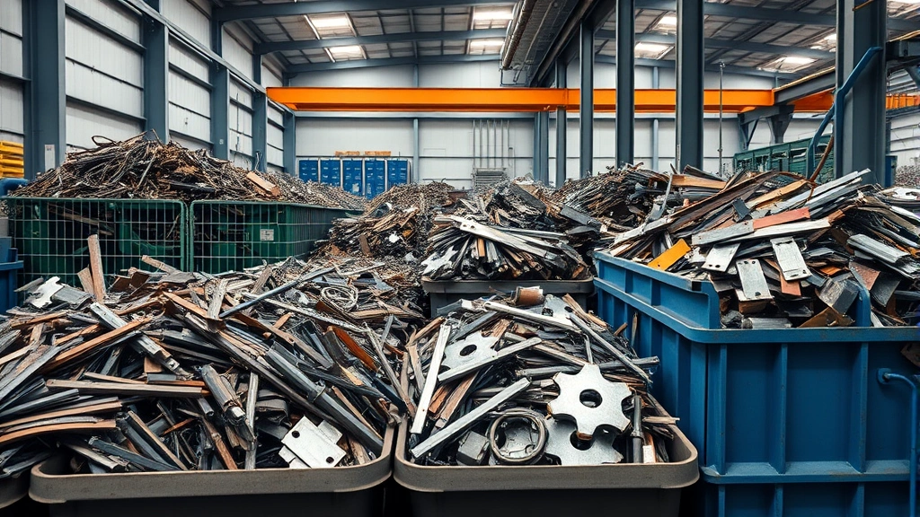 Industrial metal recycling facility with sorted ferrous and non-ferrous scrap metal bins, demonstrating circular economy practices for welding waste streams