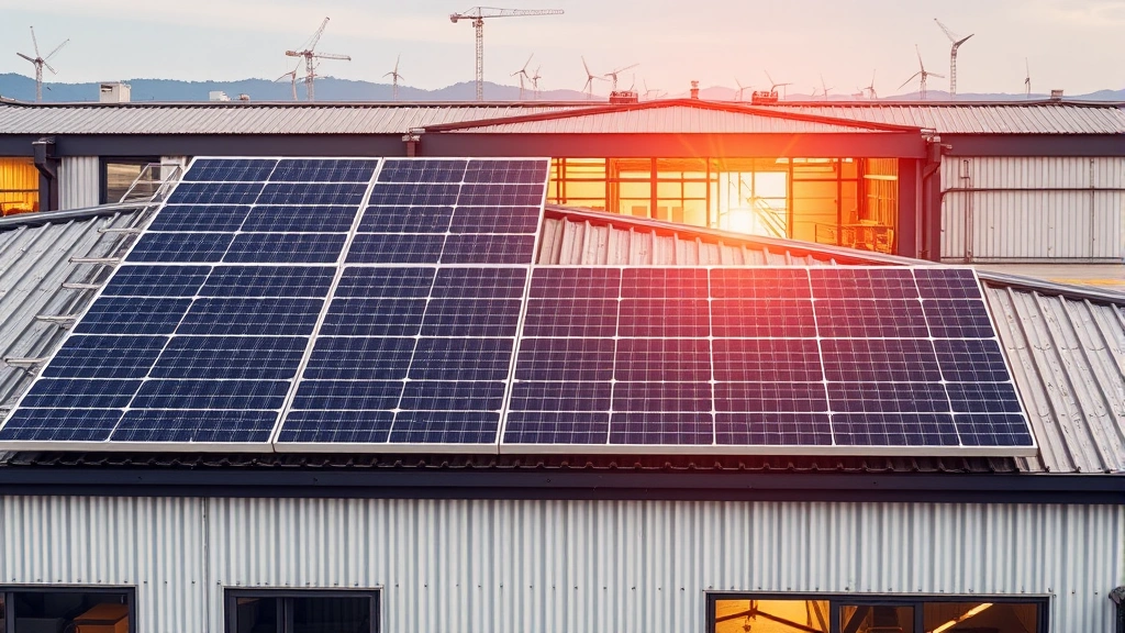Solar panel array mounted on factory roof powering manufacturing facility, with welding equipment visible through transparent workshop walls, symbolizing renewable energy integration