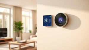 Modern smart thermostat mounted on light beige wall in contemporary living room with natural sunlight streaming through windows, showing digital display with temperature settings, photorealistic detail