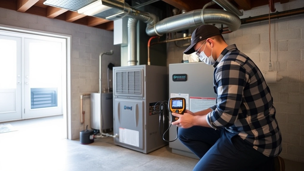 Professional HVAC technician inspecting residential gas furnace in finished basement, checking connections and components with diagnostic equipment, modern home setting with concrete floor