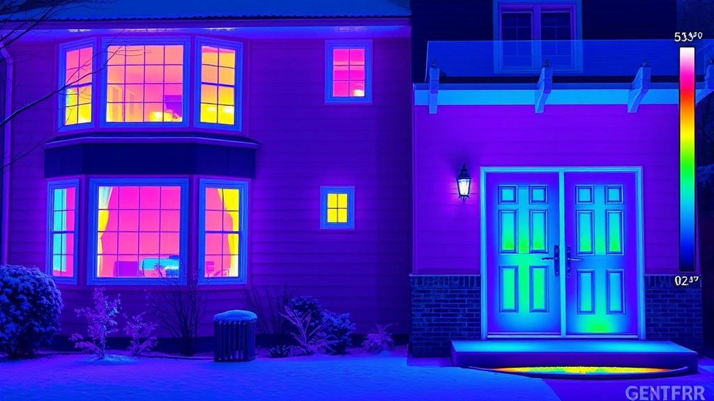 Thermal imaging of home exterior showing heat loss patterns around windows and doors during winter evening, purple and blue color gradients indicating temperature differences, photorealistic thermal camera view