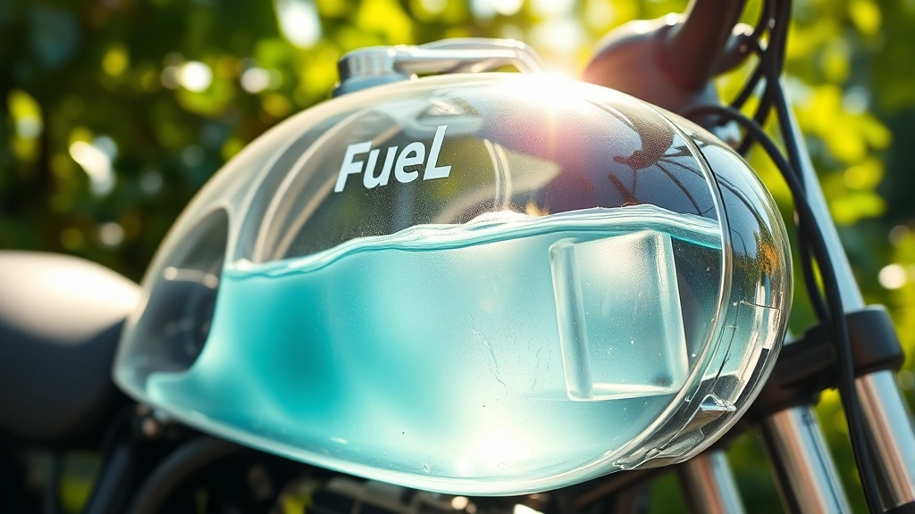 Close-up view of a transparent fuel tank showing crystal-clear gasoline inside, mounted on a compact mini bike frame, surrounded by green foliage and natural sunlight filtering through, emphasizing fuel quality and environmental consciousness