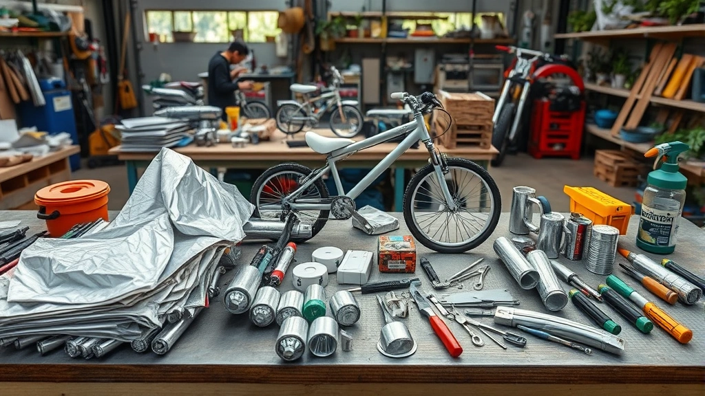 Recycled aluminum and plastic materials arranged on a workbench with manufacturing tools, showing raw materials being transformed into mini bike components, with sustainable factory environment in background and natural lighting