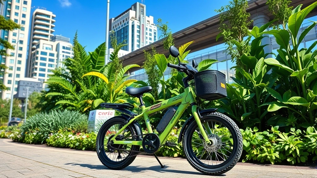 A mini bike parked in an urban garden setting with lush green plants and sustainable infrastructure visible, demonstrating eco-friendly transportation integration into green city environments, with clear blue sky overhead
