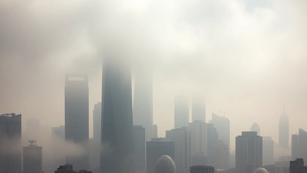 Photorealistic image of a modern city skyline shrouded in gray smog and haze, with visible air pollution layers, tall buildings partially obscured by particulate matter, natural lighting showing poor visibility conditions