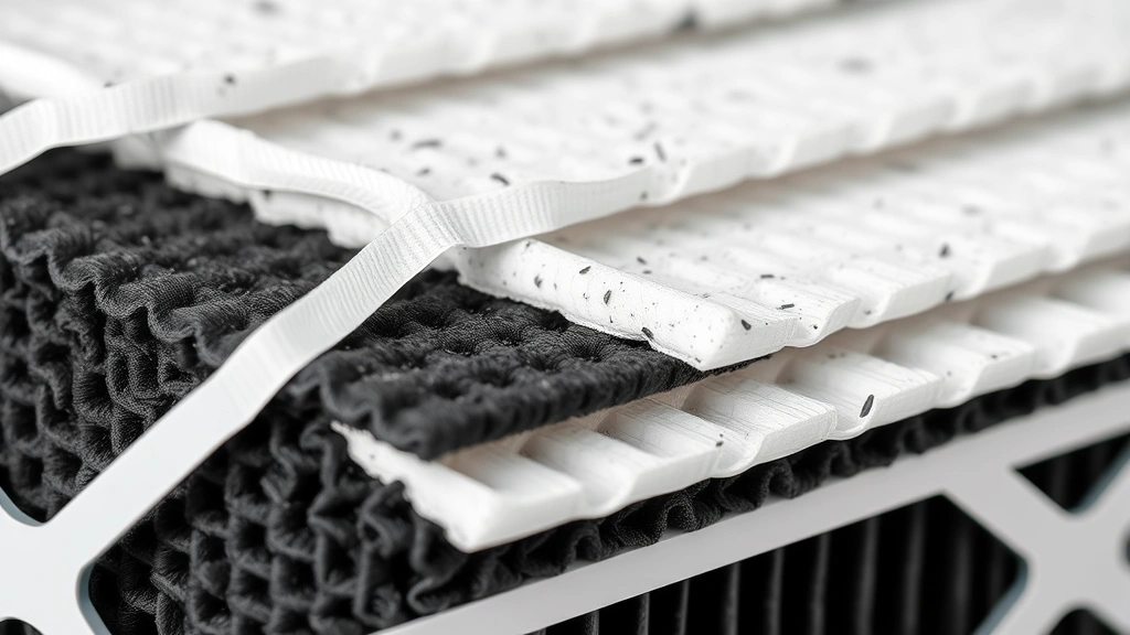 Detailed close-up photograph of activated carbon filter media and HEPA filter layers showing filtration structure, various filter types arranged together, industrial filtration technology, macro photography showing particle capture