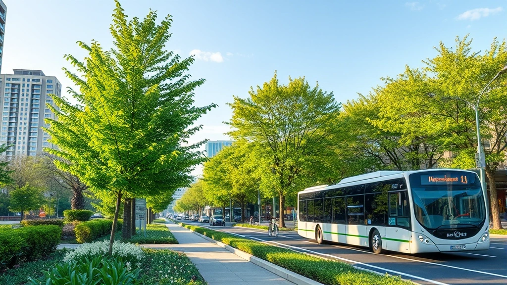Photorealistic urban scene showing green trees and vegetation along a city street with clean air, modern electric bus, bicycle lanes, and sustainable transportation infrastructure, bright clear sky demonstrating air quality improvement