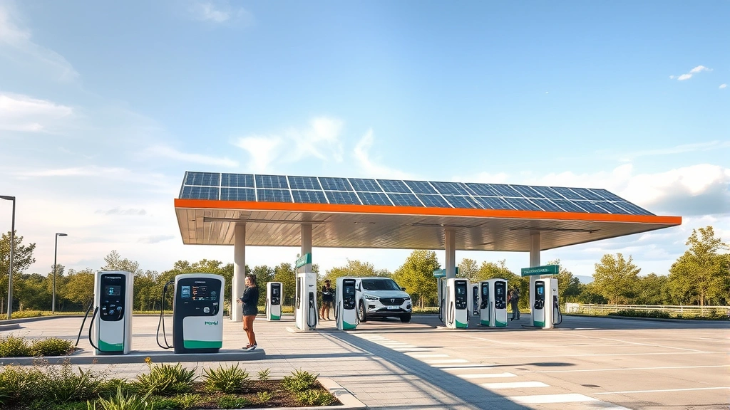 Modern eco-friendly gas station with solar panels and EV charging stations, customers refueling sustainably, green landscaping, natural lighting, contemporary architecture