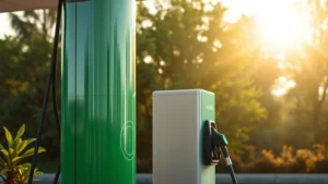 Photorealistic modern gas station pump with green environmental elements, morning sunlight reflecting off sleek pump design, no visible text or branding, natural surroundings with trees in background