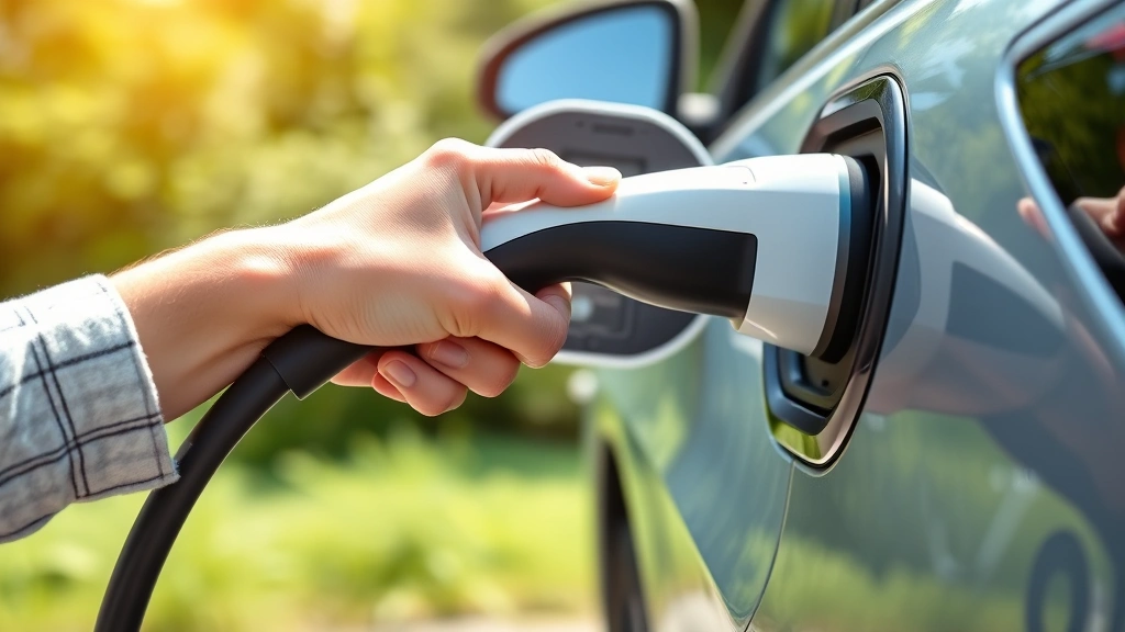 Hands holding electric vehicle charging plug connecting to car, outdoor charging station, green environment background, sustainable transportation technology, daylight