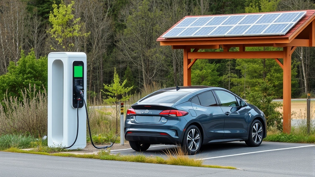 Electric vehicle charging station integrated into natural landscape, sustainable infrastructure with solar panels visible on nearby structure, clean contemporary design, no signage or text visible