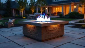 Modern natural gas firepit with bright blue flame in upscale residential backyard, evening lighting, no text or labels visible, photorealistic landscaping with stone patio surrounding