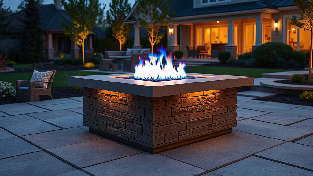 Modern natural gas firepit with bright blue flame in upscale residential backyard, evening lighting, no text or labels visible, photorealistic landscaping with stone patio surrounding