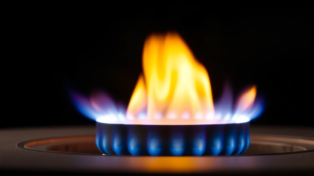 Close-up detail of natural gas firepit burner mechanism showing flame ignition, warm golden-blue flames against dark background, professional outdoor fireplace setting, no visible branding