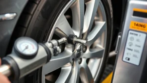 Close-up of a modern car tire being filled with pressurized nitrogen gas from specialized equipment at a professional tire service center, showing the precision gauge and professional setup