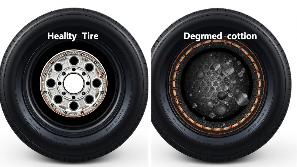 Split-screen comparison showing a cross-section view of a healthy tire on the left and a degraded tire on the right, illustrating oxidative damage and moisture accumulation inside tire rubber