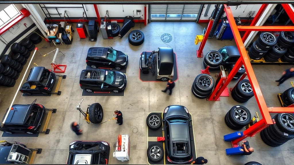 Overhead view of a busy tire service facility with multiple technicians working on various vehicles, displaying tire racks, equipment, and the infrastructure required for nitrogen tire services