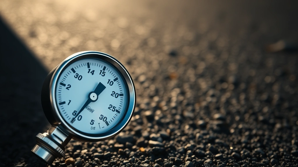 Close-up of precision tyre pressure gauge measuring nitrogen-filled tyre pressure against dark road surface, sunlight reflecting off metal gauge, shallow depth of field emphasizing measurement accuracy