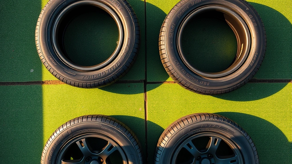 Overhead view of four new car tyres arranged in pattern on green sustainable concrete, morning light creating shadows, emphasizing tyre tread patterns and quality