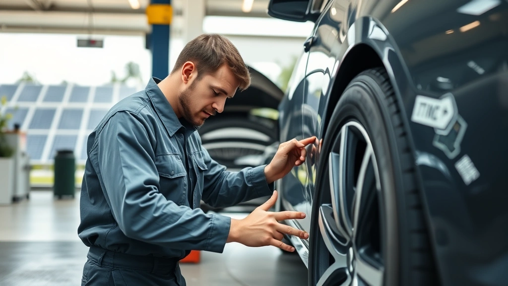 Professional mechanic checking tyre pressure at eco-friendly service station with green energy solar panels visible in background, modern equipment and clean facility environment