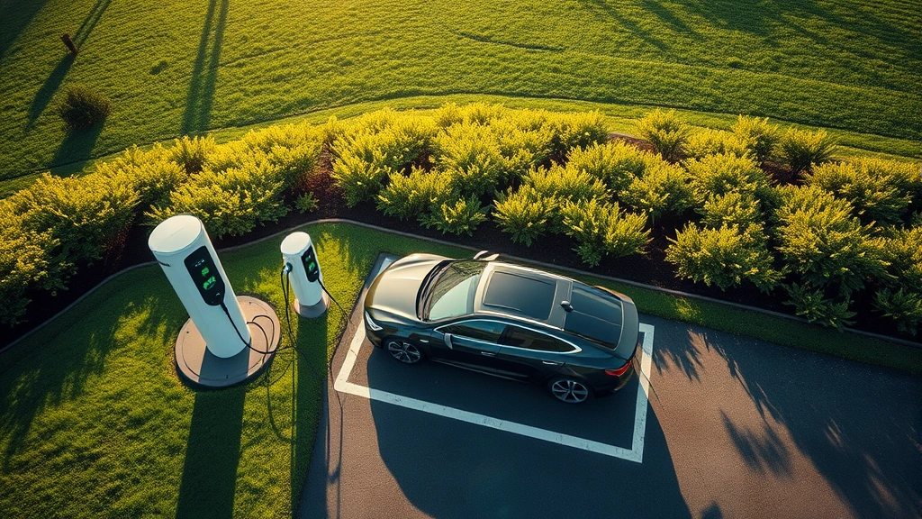 Overhead view of electric vehicle charging at public charging station with green landscape and renewable energy symbols visible