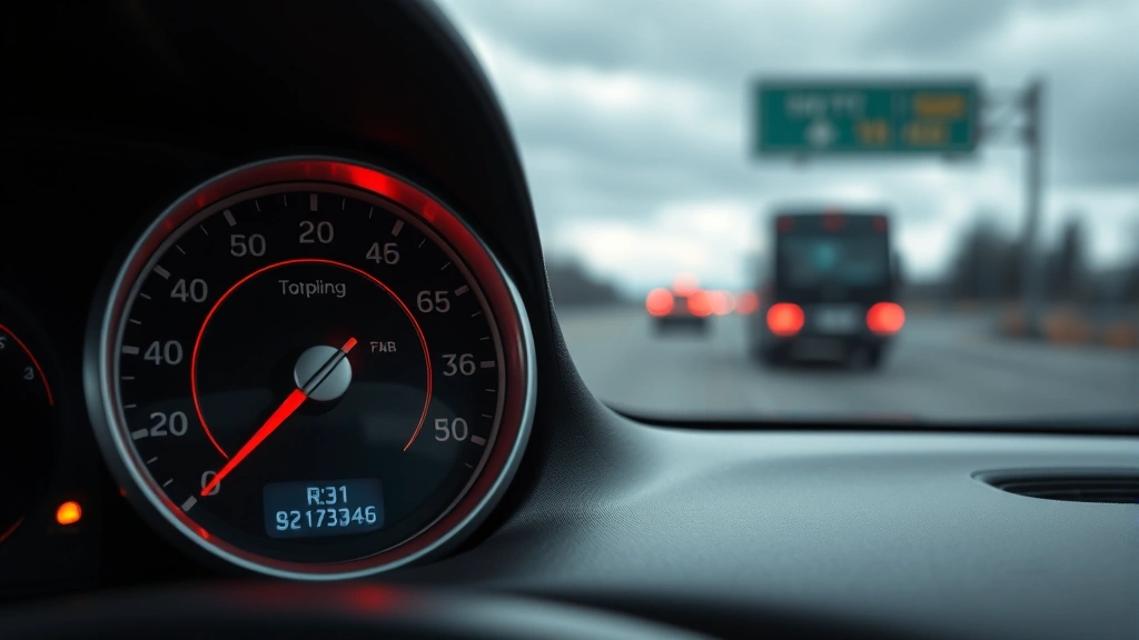 Close-up of car dashboard fuel gauge showing empty tank with blurred New Jersey highway scenery in background