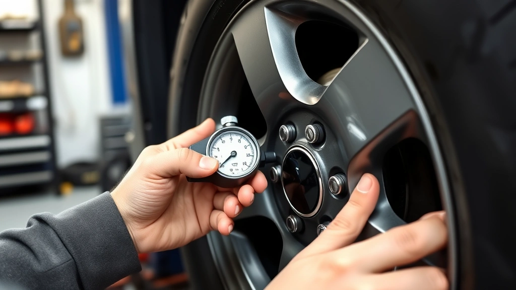 Hands checking tire pressure gauge on vehicle wheel with workshop environment, emphasizing vehicle maintenance