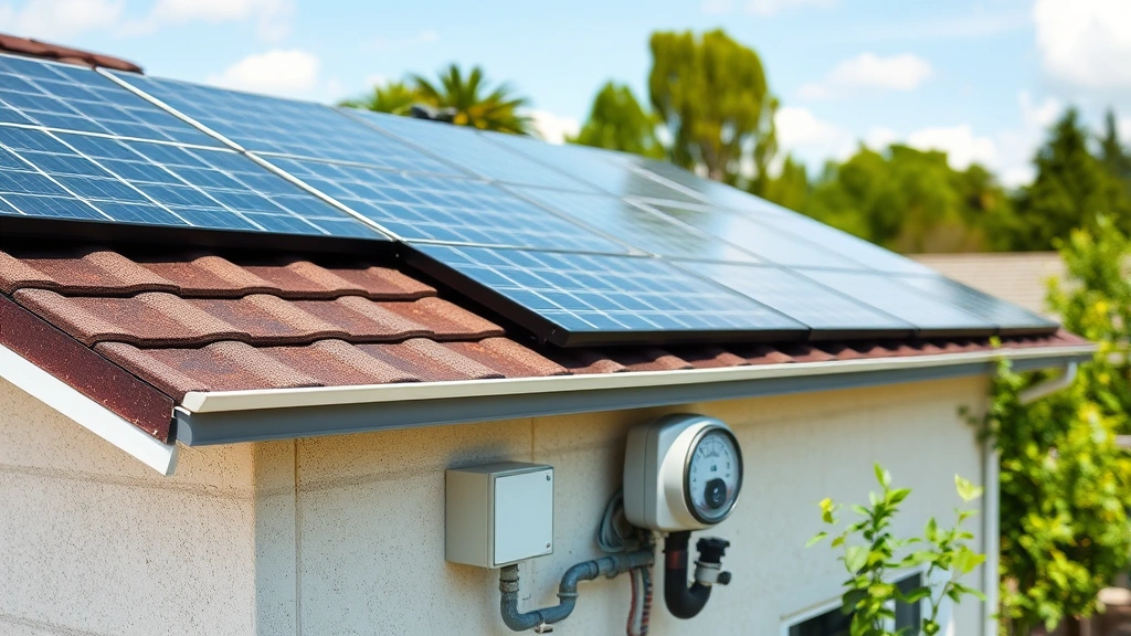 Solar panels on residential rooftop with natural gas meter visible below, showing integration of renewable and traditional energy sources in sustainable home