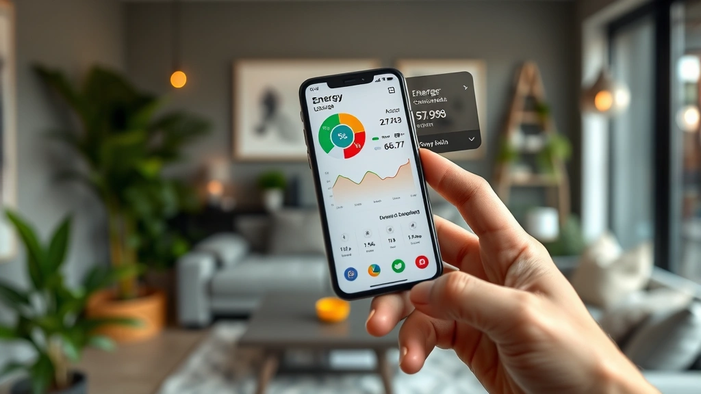 Person using smartphone app showing energy usage dashboard with real-time consumption data, eco-friendly lifestyle, modern home interior background